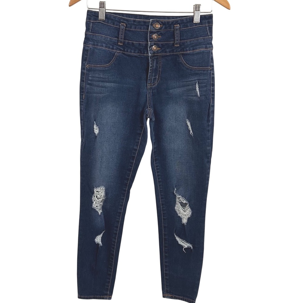 rue21 Womens High‎ Rise Ankle Jegging Dark Wash Distressed Ripped Skinny Jeans 6